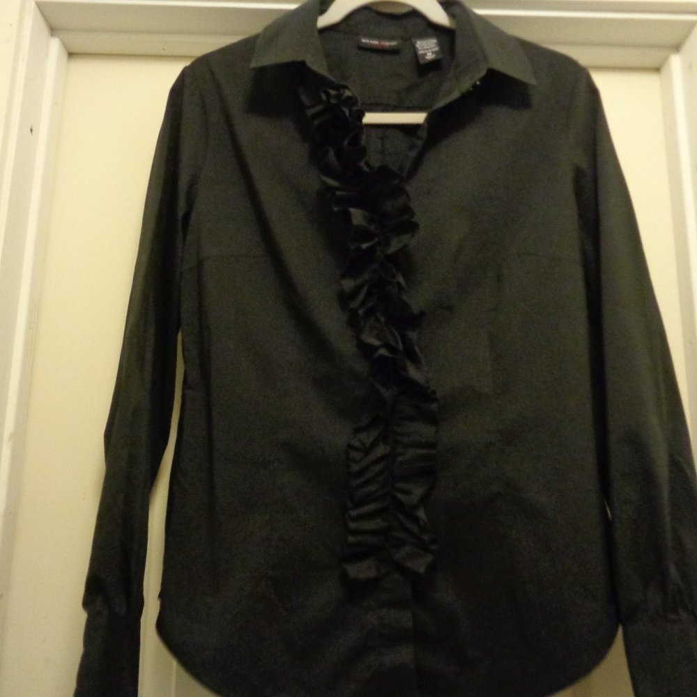 CLASSIC NEW YORK & COMPANY BLACK STRETCH RUFFLES TUXEDO BLOUSE SHIRT M